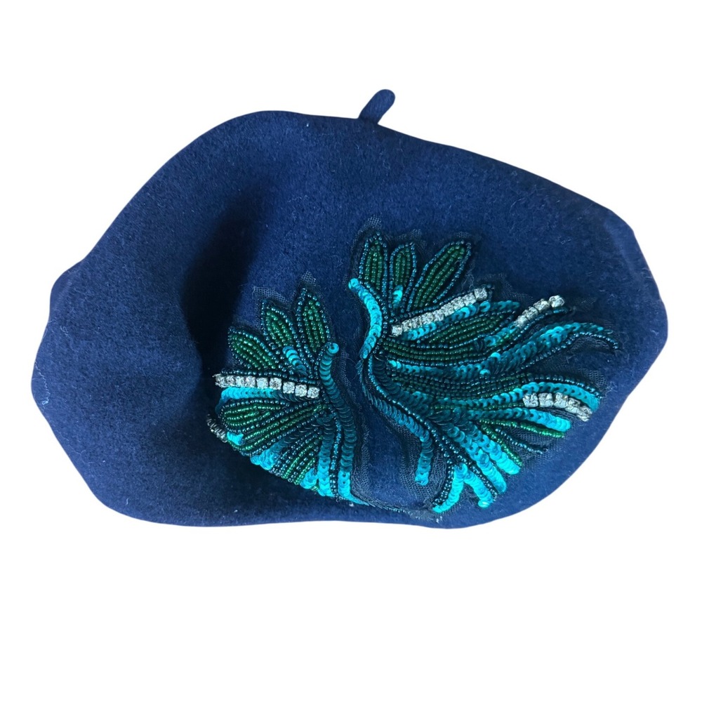 Complit Uno Alla Volta Navy Wool Beret Beaded Teal Green Made in Italy Hat